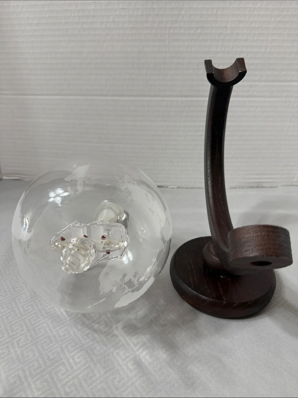 BarMe Etched Class World Globe Liquor Decanter Wood Stand & Glass Ship Inside